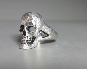 Sterling Silver Full Face Skull Ring With Hammered Finish