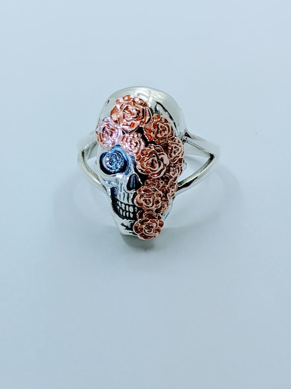 Sterling Silver and 14K Rose Gold Flower Diamond Skull Ring Etsy