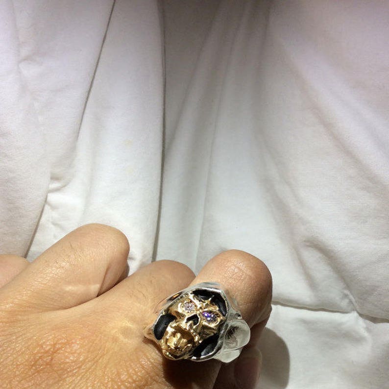 Sterling Silver And 14K Yellow Gold with Round Diamonds Grim Reaper Face Skull Ring USA image 5