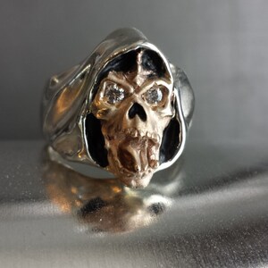 Sterling Silver And 14K Yellow Gold with Round Diamonds Grim Reaper Face Skull Ring USA image 2