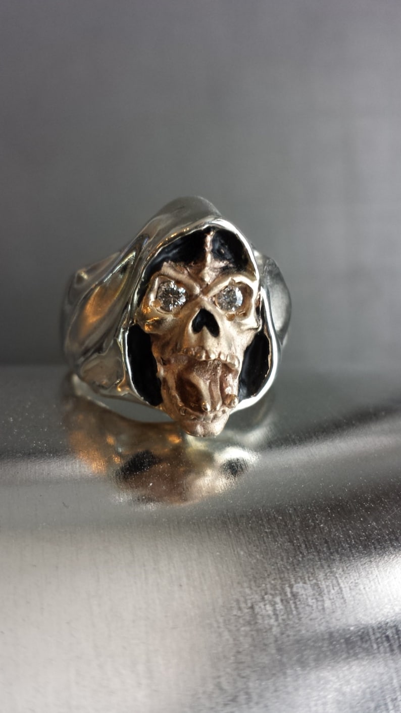 Sterling Silver And 14K Yellow Gold with Round Diamonds Grim Reaper Face Skull Ring USA image 2