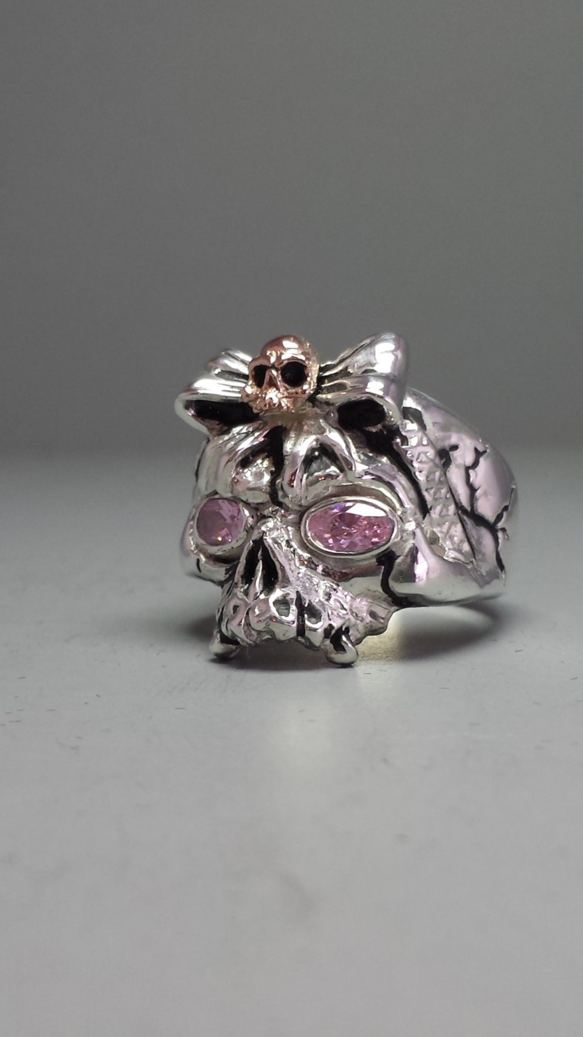 Sterling Silver and 14K Rose Gold Ladies Ribbon Bow Skull Ring Etsy