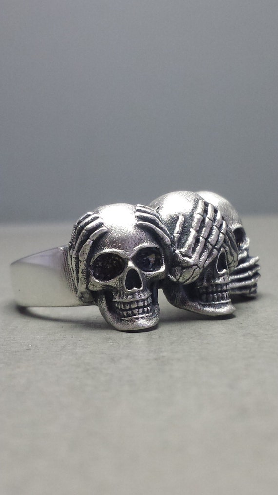 Hear No Evil, See No Evil, Speak No Evil Sterling Silver Skull