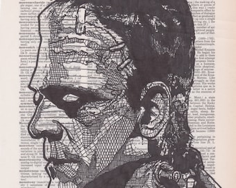 Frankenstein's Monster Portrait Drawn on a Dictionary Page
