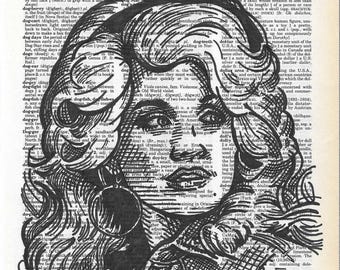 Dolly Parton portrait drawn on a dictionary page for the word “dolly .”