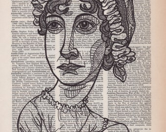 Jane Austen portrait on an aged dictionary page containing her namesake