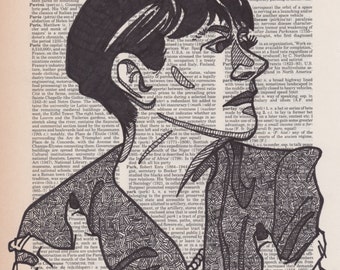 Dorothy Parker portrait drawn on an aged dictionary page containing her namesake