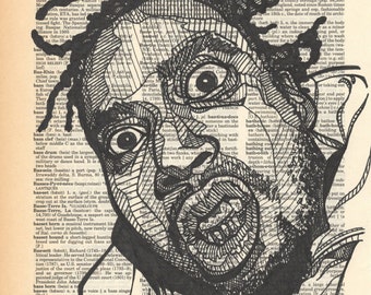 Ol' Dirty Bastard portrait drawn on an aged and yellowed dictionary page with the term "bastard"