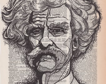Mark Twain portrait drawn on an aged dictionary page containing his namesake