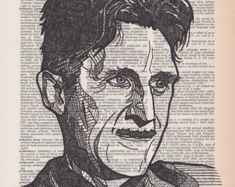 George Orwell portrait drawn on an aged dictionary page containing his namesake