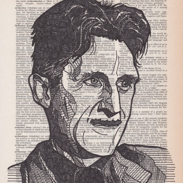 George Orwell portrait drawn on an aged dictionary page containing his namesake