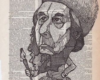 Alexandr Solzhenitsyn portrait drawn on an aged dictionary page containing his namesake
