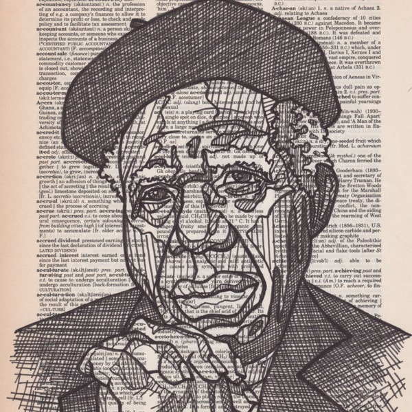 Chinua Achebe portrait drawn on an aged dictionary page containing his namesake.