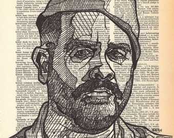 El P portrait drawn on an aged dictionary page containing the term "LP"
