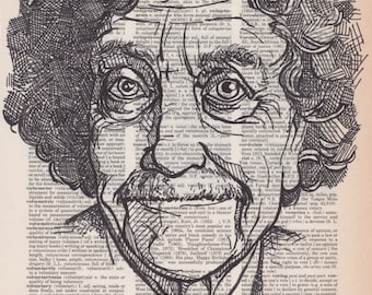 Kurt Vonnegut portrait drawn on an aged dictionary page containing his namesake