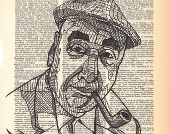 Pablo Neruda portrait drawn on an aged dictionary page containing his namesake