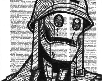 G.I. Robot portrait drawn on a dictionary page for the word “friend/friendship.”