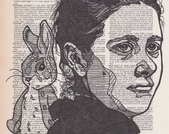 Beatrix Potter and Peter Rabbit portrait drawn on an aged dictionary page containing the author's namesake.