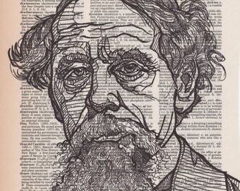 Charles Dickens portrait drawn on an aged dictionary page containing his namesake.