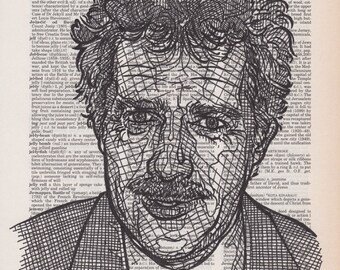 Portraits of Alex Trebek drawn on dictionary pages for the word “jeopardy”