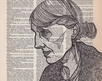 Virginia Woolf portrait drawn on an aged dictionary page containing her namesake