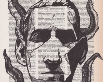 HP Lovecraft portrait drawn on an aged dictionary page containing the term "horror"