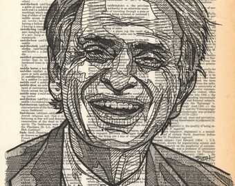 Carl Sagan portrait drawn on a dictionary page bearing his namesake