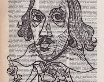 William Shakespeare portrait drawn on an aged dictionary page containing his namesake