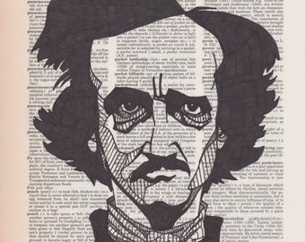Edgar Allan Poe portrait drawn on an aged dictionary page containing his namesake