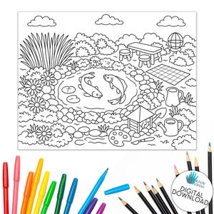 May include: Black and white line art coloring page featuring a pond with koi fish, flowers, and a picnic area. Includes a digital download stamp and a collection of colored pencils and markers.