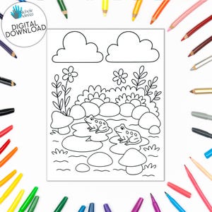 Página para colorear imprimible de Pixie Pointe: Ranas en nenúfares en un estanque (Actividad en PDF para descargar)