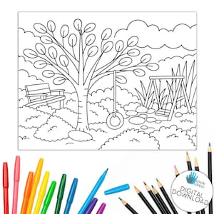 Pixie Pointe Tire Swing Coloring Page Printable – Tree Swing Garden Kids Activity PDF Download