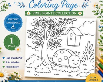 Pagina da colorare "Coccinella che atterra", scena di giardino, per bambini (PDF, download digitale)