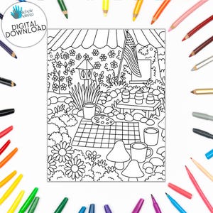Pixie Pointe Picnic Coloring Page Printable – Garden Picnic & Flag Summer Activity Download