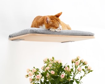 Scandic cat shelf with pillow ~ Cat bed wall mounted cat wall furniture ~ Floating cat perch from premium solid wood