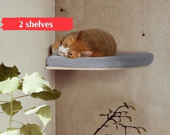 Corner Cat Shelf Set: Beech Wood Floating Wall Bed, Modern Cat Furniture