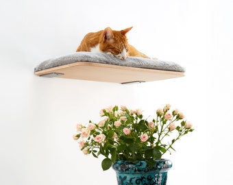 Scandinavian Cat Shelf, Cat Shelves For Wall, Cat Wall Furniture, Cat Climbing Wall, Window Perch ~ Wall Mount Cat Bed In Natural Solid Wood