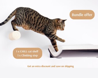 Cat Furniture Bundle ~ Cat Wall Shelf And Cat Climbing Stairs ~ Cat Shelves And Perches, Cat Scratching Post  ~ Floating Bed In Premium Wood