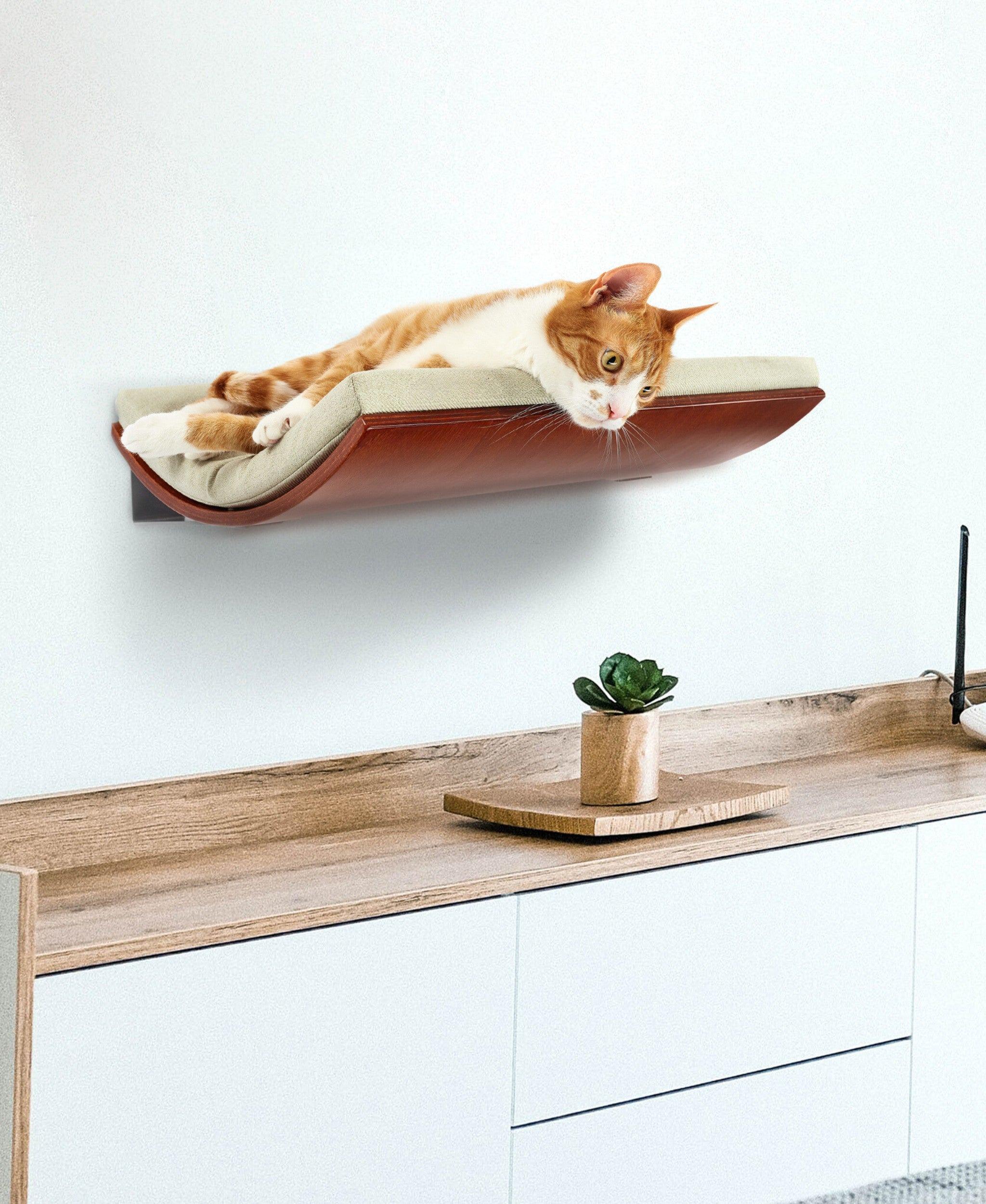 Wall Mounted Cat Bed Beech Wood Floating Perch With Washable Cushion