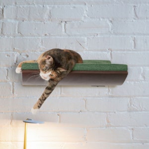 May include: A brown and green cat perch mounted on a white brick wall. The perch has a green cushion and a brown wooden base. A cat is lying on the perch with its head hanging over the edge.