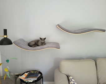 2 Cat Wall Shelves For Large Cats Bundle, Floating Cat Furniture, Cat Window Perch, Curved Cat Shelf, Cat Wall Beds ~ Car Tree In Solid Wood