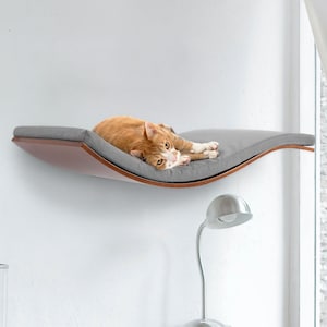 Curved cat shelf premium cat wall furniture CosyAndDozy® - Wall cat bed floating shelves wood-Hanging cat perch-removable & washable cushion