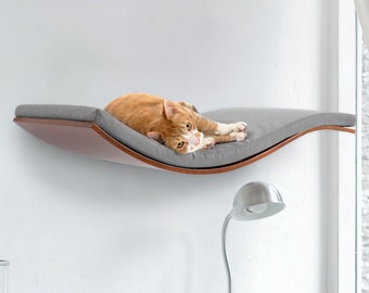 Curved cat shelf premium cat wall furniture CosyAndDozy® - Wall cat bed floating shelves wood-Hanging cat perch-removable & washable cushion