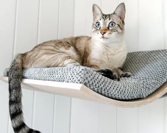 Wall Mounted Cat Perch, Beech Plywood Shelf with Washable Cushion