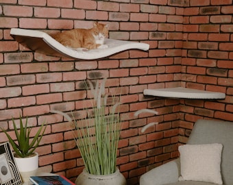 Waved Cat Wall Shelf Set: Beech Wood Corner Perch
