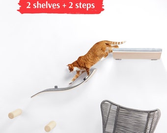 Conjunto de muebles de pared para gatos CosyAndDozy: Estante de madera de haya, puente y escalones de sisal