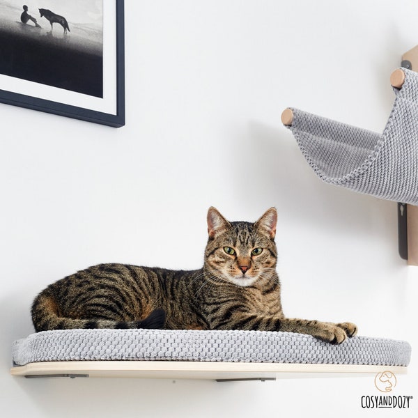 Prateleira de parede grande para gatos: Cama flutuante para gatos em madeira de faia