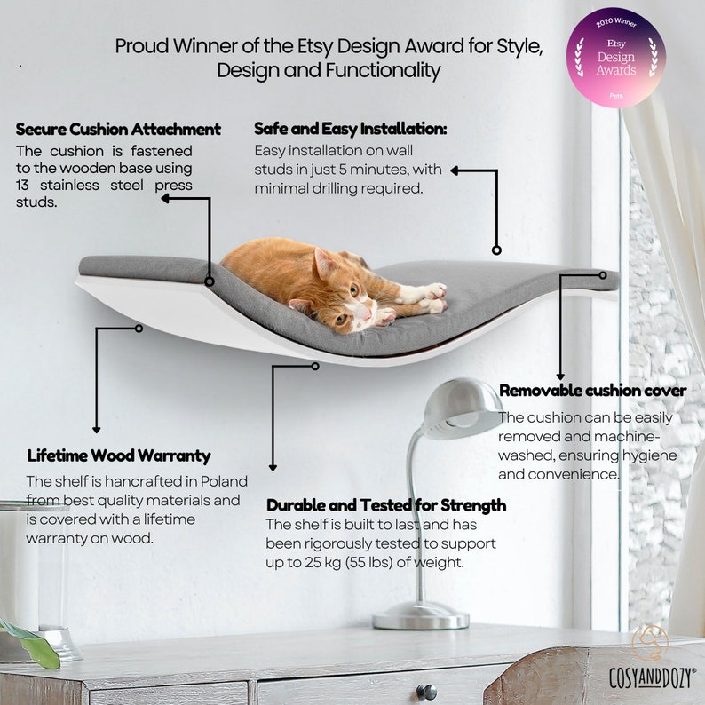 Wave Cat Shelf, Cat Wall Furniture By CosyAndDozy, Cat Shelves, Floating Cat Bed, Cat Window Perch Etsy Design Awards Pets Category Winner image 6