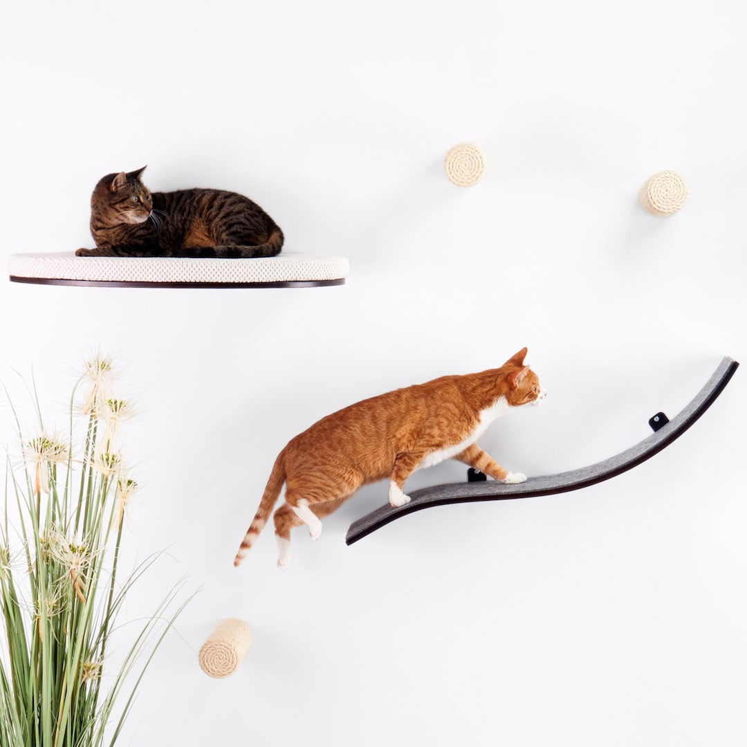 Set of 2 Cat Wall Shelf and 3 Steps, Wave Cat Bridge, Cat Highway, Modern Cat Wall Furniture