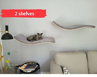 Lot de 2 étagères pour chat, meubles muraux pour chat, arbre à chat pour grands chats, lot d&#39;étagères incurvées pour chat, cadeau de maison pour parents d&#39;animaux de compagnie, perchoir de fenêtre pour chat